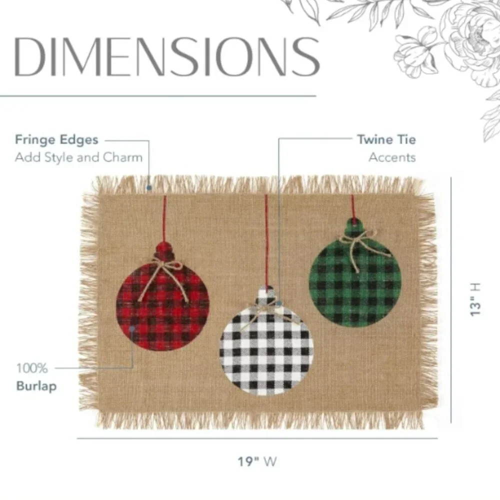 Elrene Farmhouse Holiday‎ Christmas Ornaments Jute Placemat Set of 4 Gingham NEW